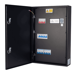 matt:e ARD-2-32-TP-M Connection centre with O-PEN® and automatic reset 5 pole isolator with 3 x 32A TPN MCBs.