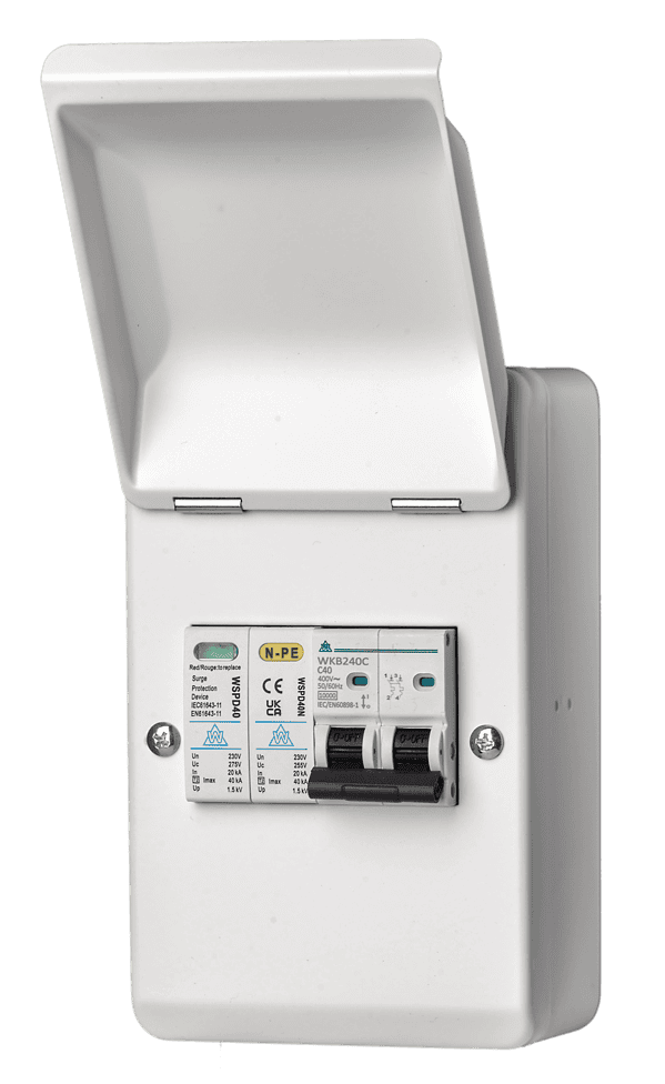 WCED 2 Module MCB (40B) Plus Surge Protection, in 4 Way Metal Box. WMKB240BSP