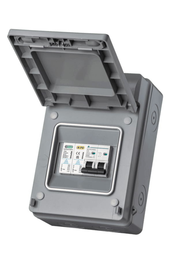 WCED 2 Module MCB Plus Surge Protection, in 4 way IP65 enclosure. WPKB240CSP