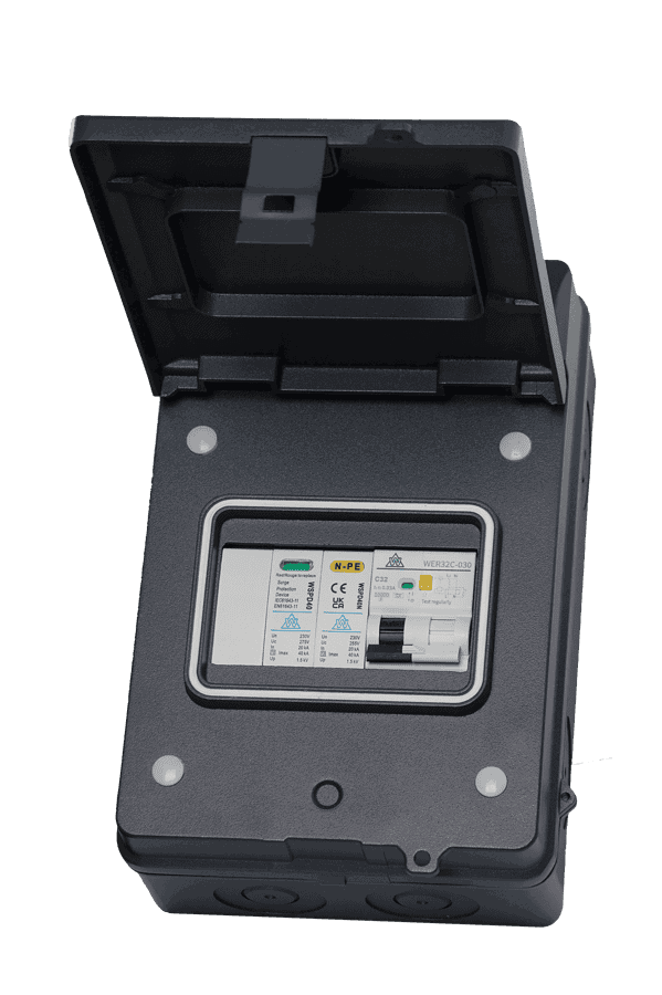 IP65 Metal A Type 25A B curve RCBO EV Protection Unit Plus Type 1 + 2 Surge Protection.