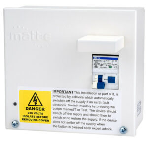 matt:e SP-EVCP-RC60-W Single phase connection centre with 32A double pole Type A RCBO, load curtailment at 60A White.