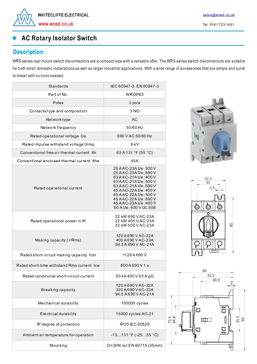 WRI3P63 Rotary isolator switch