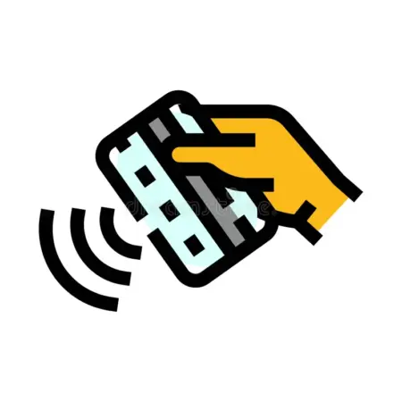 Hand holding credit card making contactless payment transaction active signal waves illustrating modern fast